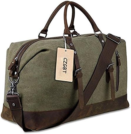 Duffel Bag PU Leather Weekend Bag Travel Oversize Carry-on Bag Canvas Tote (Army green)