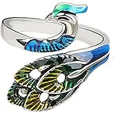 Vintage Enameled Peacock Ring for Women Girls Silver Plated Statement Adjustable Expandable Animal Open Band Finger Rings Comfort Fit Boho Delicate Jewelry