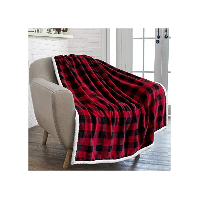PAVILIA Buffalo Plaid Sherpa Blanket Throw Fuzzy Red Black Checkered