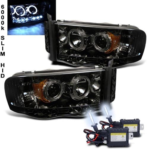 6000k Slim Xenon HID Kit+ 02-05 Dodge Ram Halo LED Smoke Projector Head Lights