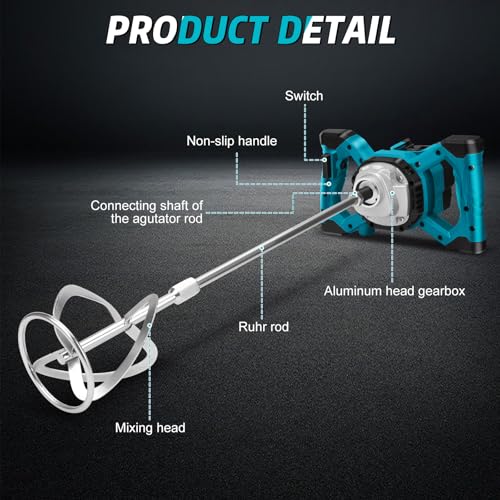 Cement Mixer Compatible with Makita 18V Battery, 3200W Portable Paint Mortar Mixer with 6 Speed, Max 680 RPM, Electric Concrete Stirrer for Mixing Fodder Mortar Paint Glue Putty (No Battery)