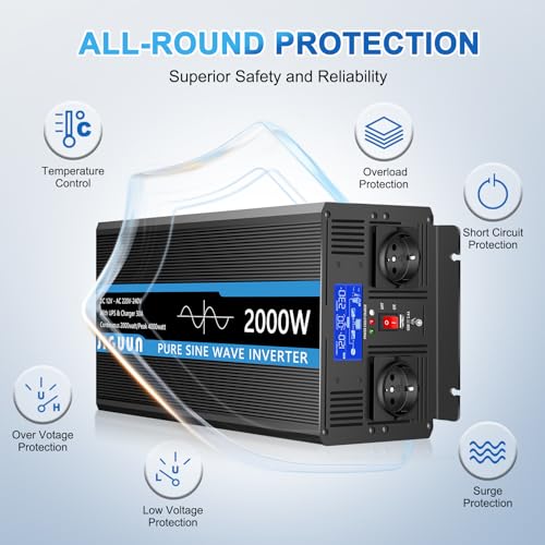 JIGUUN 2000W Inverter 12V 220V Pure Wave Inverter with Charger 30A and Priority Circuit of Network and UPS,2 EU Sockets, Wireless Remote Control and LCD Display Peak Power 4000W