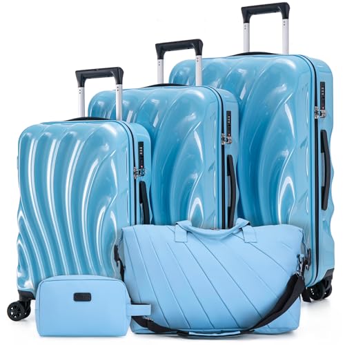 Cosbarn Luggage Sets 5 Piece Suitcases with Wheels, Suitcase Set, ABS+PC Hardshell Luggage set with Phone Holder Durable Travel Luggage with TSA Lock Spinner Wheels, SkyBlue