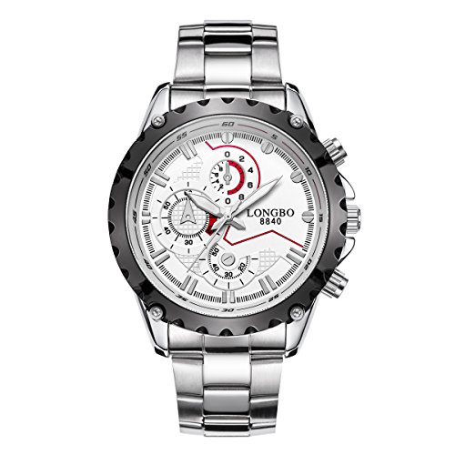LONGBO Mens Sport Big Face Racing Watch Fashion Analog Display Stainless Steel Band Military Analog Quartz Wrist Watches White