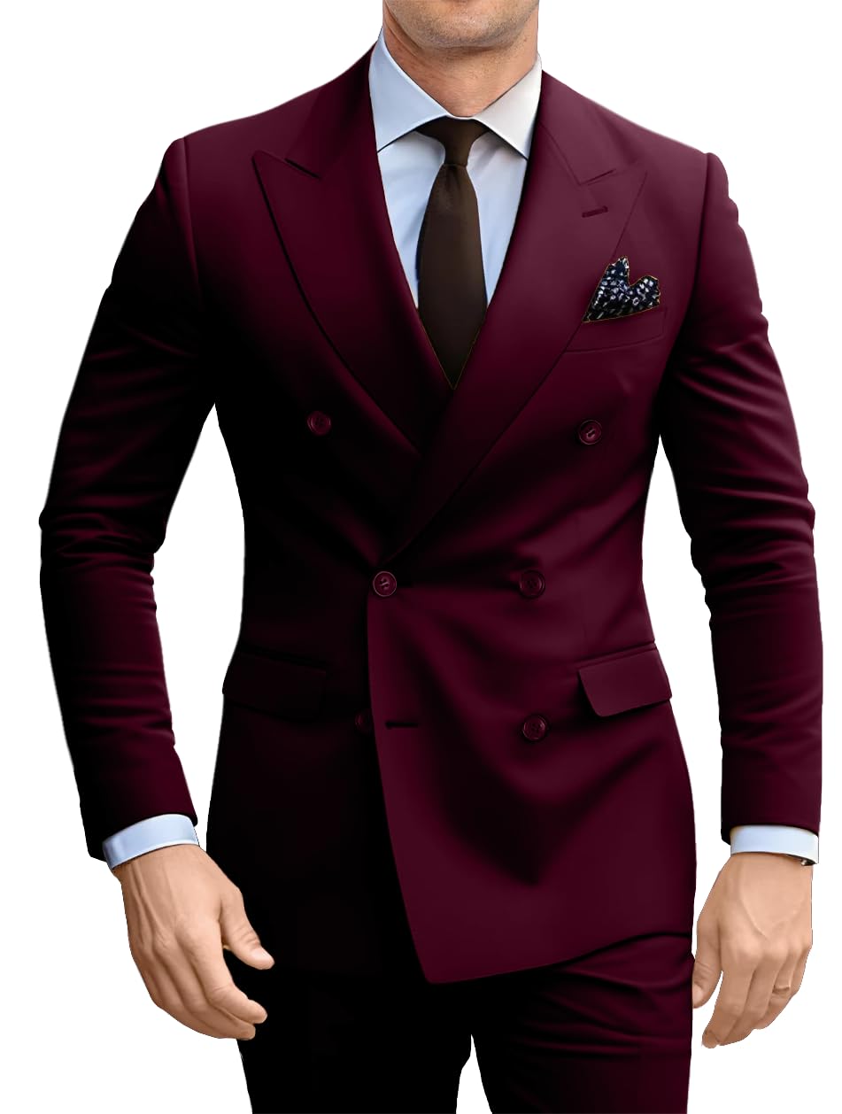 Photo 1 of 2 Piece Suits for Men Slim Fit Formal Double Breasted Suit Men 2 Button Mens Dark Burgundy Suit Pants Blazer Prom Tuxedo L