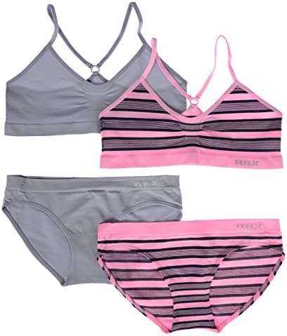 RBX Big Girl's 2 Pack Seamless Bra and Panty Combo Set (Grey/Pink, L)
