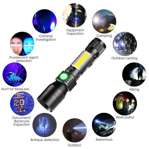 TERRIFI Scorpion Flashlight with Magnet - 3-in-1 Tactical UV 395nm Blacklight, Redlight, and Side Work Light, 1200 Lumen, Zoomable, 7 Modes, IPX6 Waterproof LED Torch, Ideal for Camping