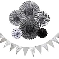 RFWIN Black Paper Fans Party Decoration Set of 6, Hanging Paper Fans Garlands | Silver Paper Pennant Banner Triangle Flags, Decoration for Baby Shower Birthday, Wedding, Graduation Festivals Events
