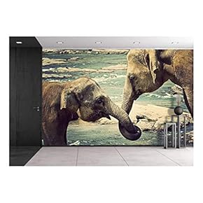 Elephant Kissing Represents Love, Sri Lanka. Vintage Nature Background - Removable Wall Mural | Self-Adhesive Large Wallpaper - 66x96 inches