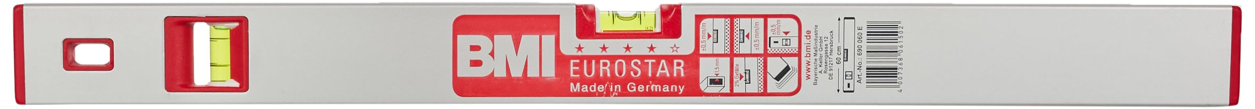 BMI 690060E "Eurostar" Alu-Spirit Level, Silver/Red, 60 cm
