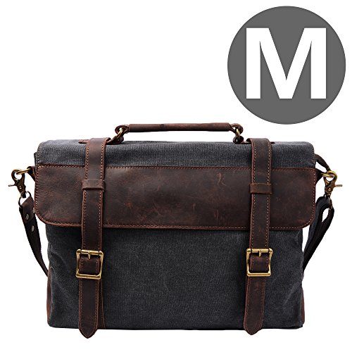 S-ZONE Vintage Canvas Genuine Leather Messenger Traveling Briefcase Shoulder Laptop Bag