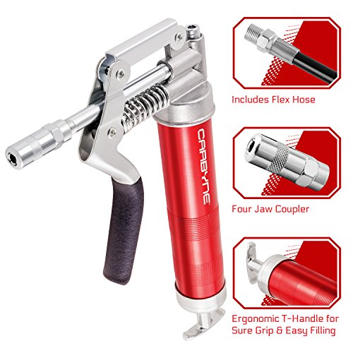 CARBYNE Heavy Duty Professional Quality Mini Pistol Grease Gun with Anodized Aluminum Barrel, 3000 PSI. Includes both 12 inch Flex Hose AND 4 inch Rigid Extension
