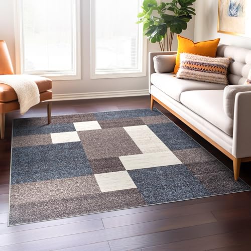 Rugshop Modern Boxes Design Non-Slip (Non-Skid) Carpet Square Area Rug for Living Room,Bedroom,Dining Room,Office 6'6" x 6'6" Blue Sq