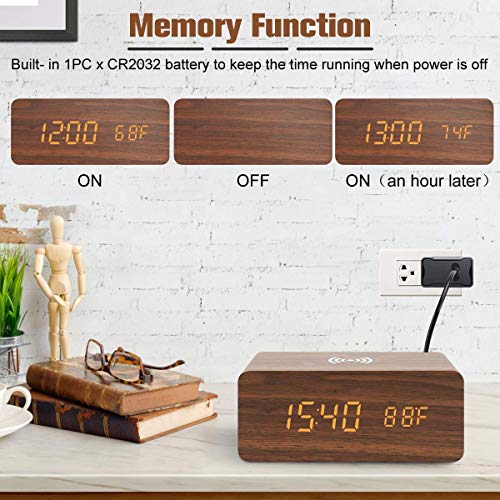 Digital Alarm Clock with Wireless Charging, LED Wood Large Display, Loud Alarm Clock for Heavy Sleepers, with USB Port, 3 Alarm Settings, Date and Temperature Displays, for Bedroom, Bedside