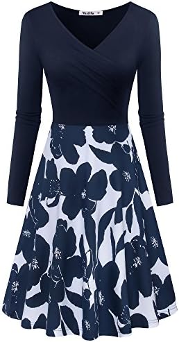 Yeslife Women's V-Neck Long Sleeve Pockets Floral Print Swing Casual Dress Floral-06 S