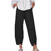 WODOLL Linen Capri Pants for Womens Casual Cotton Cropped Elastic Waist Lounge Baggy Palazzo Trousers with Pockets