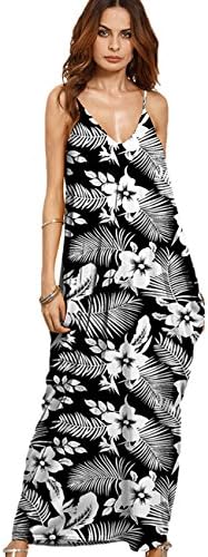 Maygold Womens Beach Boho Casual Maxi Dresses Spaghetti Strap Floral Pockets Long V-Neck Sundress