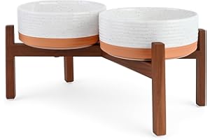 SPUNKYJUNKY Ceramic Elevated Dog Bowl Set with Acacia Wood Stand for Food and Water for Medium Dog (42.27 OZ, White and Reddish Brown)
