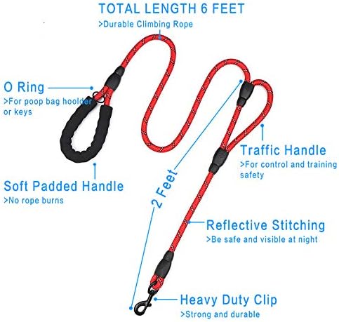 Strong Rope Dog lead 6ft Long with Two Padded Handles,Heavy Duty,Reflective Double Handle Training Dog Lead for Large Dogs or Medium Dogs,Dual Handles Leash(Red) - Image 3