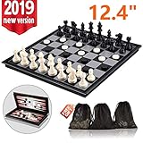 3-in-1 Chess Set - Travel Chess Set Magnetic Chess & Checkers & Backgammon Folding Chess Board Game, Portable Checkers with 3 Mesh Bags, Best Chess Games Gift for Kids and Adults 12.4 Inches
