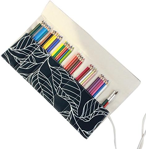 Sunreed Canvas Wrap Holder for 72 Colored Pencil, Roll Case for Pencils, Travel Organizer Pouch for Artist, Multi-purpose (No Pencils Included)-Leaves Black 48holes