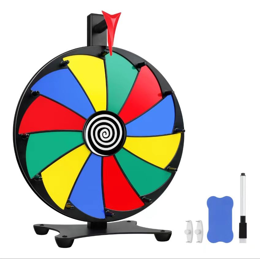 Pionites 12 Inch 12 Slots Prize Wheel Tabletop Fortune Spin with Dry Erase Marker and Eraser for Engaging Home Parties, Trade Show, Carnival Events (12'' 12slots Metal Pedestal)