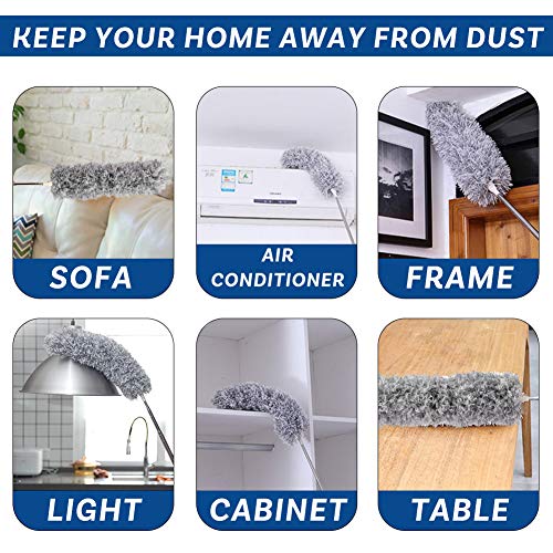 HAKACC Staubwedel Teleskop, Mikrofasern Staubwischer 2 Graue Mikrofaserköpfe mit 1 Edelstahl Teleskopstange Staubdesen Entfernt Staub Spinnweben Extra Lang 78.8-210 cm