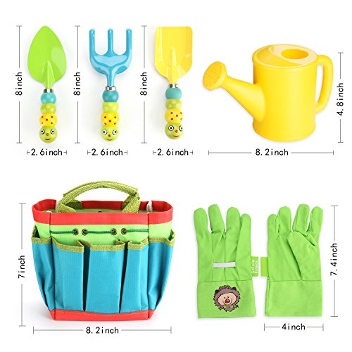 FITNATE Green Kids Garden Tools Set,6 PCS Garden Tools Including Watering Can, Shovel, Rake, Fork, Children Gardening Gloves And Garden Tote Bag, All In One Set