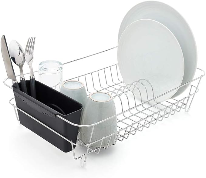 simplywire Chrome Dish Drainer with Black Cutlery Basket Anti Rust
