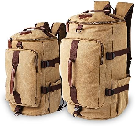 Travables Vintage Canvas Leather Multipurpose Lightweight Duffel Cylinder Bag Hiking Rucksack Travel Gym Camping Backpack (Khaki-Couple)