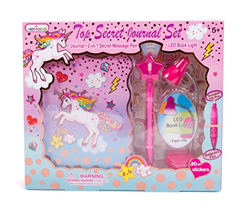  Hot Focus Unicorn Secret Diary with LED Book Light, Invisible Ink Pen and Sticker Set – 6” Journal Notebook with 100 Double Sided Lined Pages for Kids