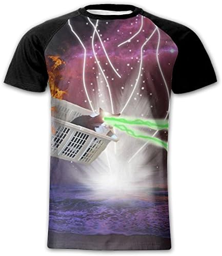 Mens Laser Eyes Space Cat Explosion Fashion Raglan Short Sleeve Tshirts Baseball Tee