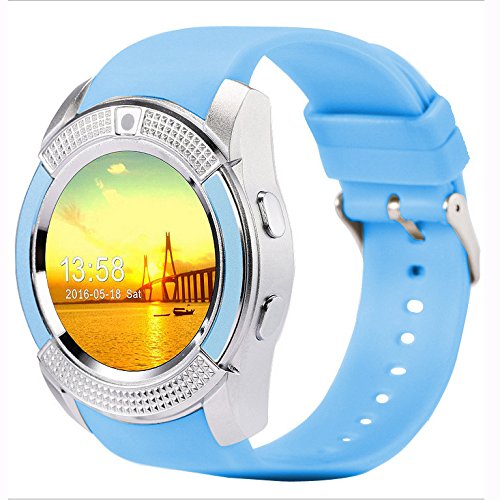 TechComm V8 Smart Watch Activity Tracker Sleep Monitor Bluetooth Touch Screen 0.3MP Camera Call Text GSM Unlocked for Android Iphone - Blue