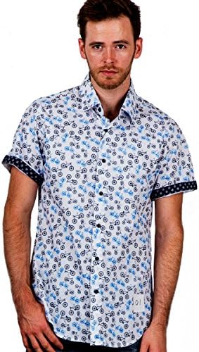 RNZ Men's R155S-48 Short Sleeve Shirts with Contrast Trimming and Bicycle Prints XL, White