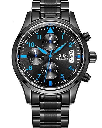 BOS Men's Sport Quartz Watch Black Dial Luminous Pointer Chronograph W/Stainless Steel Bracelet 8012 Blue (Blue)