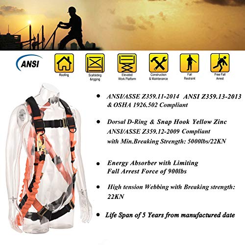 WELKFORDER 1D-Ring Industrial Fall Protection Safety Harness with 6-Foot Shock Absorber Stretchable Lanyard [Snap Hook End] | Permanent attached Kit | ANSI Complaint Personal Fall Arrest System(PFAS)
