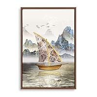 Framed Canvas Wall Art Golden Sailing Canvas Prints Home Artwork Decoration for Living Room,Bedroom - 16x24 inches