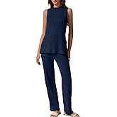 QINSEN Lounge Sets for Women Two Piece Outfits Knit Sleeveless Vented Hemline Tops Wide Leg Pants Sweater Sets