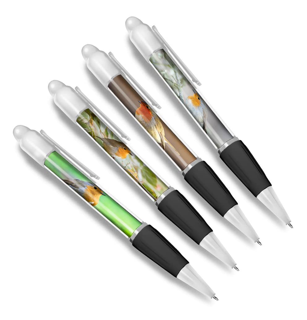 DV DESIGN Set of 4 Robin Redbreast White Ballpoint Pens - Animal Birds Garden Autumn Nature Themed Boys Girls Men Women Pen #79624