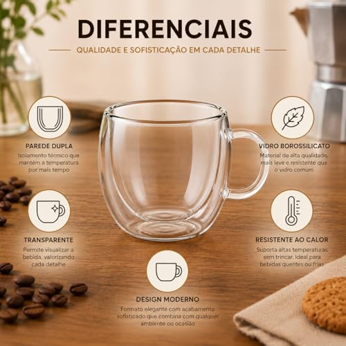 Conjunto com 6 Xícaras de 110ml em Vidro Borossilicato de Parede Dupla com Alça para Café Espresso Chá Cappuccino e Bebidas Quentes (KIT COM 6 PEÇAS)