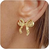 Sewyer Gold Silver Bow Stud Earrings for Women 14K Plated Gold Bow Ribbon Pearl Earring Gifts