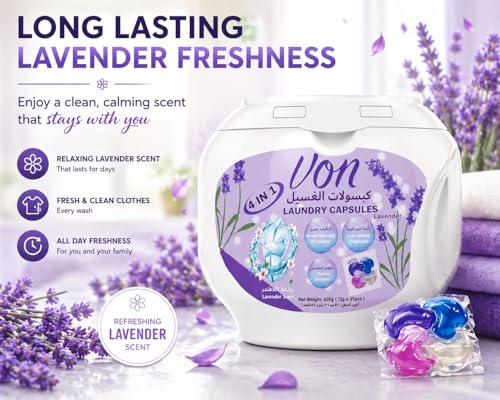 VON 4 in 1 Laundry Pods 35 Count Pack of 4 – 140 Pods Total | Powerful Laundry Detergent Liquid Capsules with Deep Clean, Stain Removal, Softener, Color Protection & Long Lasting Lavender Freshness