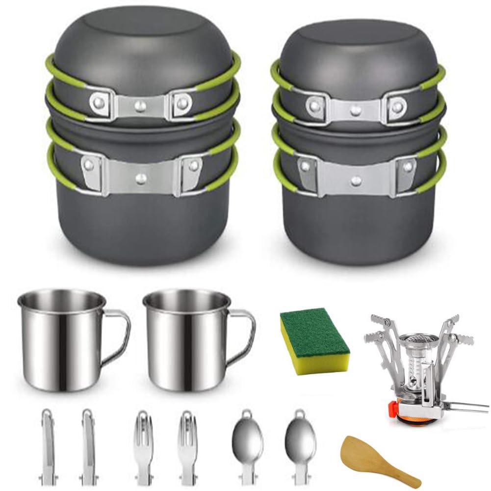 DUOJIN Camping Cookware Set With Stove for 1-2 People Outdoor Camping Cooking Set Portable Cooking Equipment Utensils for Camping Trekking Hiking Picnic BBQ Traveling