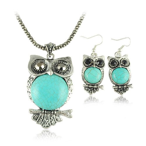 Tanboo Cute Owl Necklace Earrings Jewelry Set,Owl Tibetan
