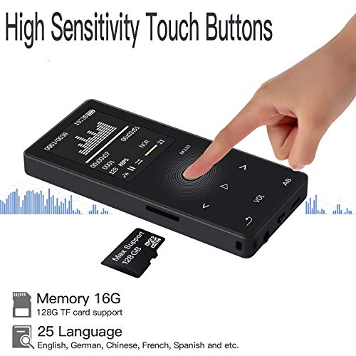 MP3 Music Player with Bluetooth, ASINNO 16GB Digital Lossless MP3/MP4 Audio Player with Voice Recorder/FM Radio/Media Player/E-Book Reader/Photo Viewer, Support up to 128GB-Black