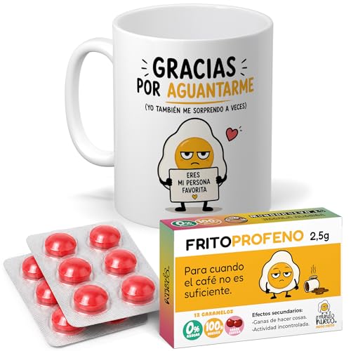 mundohuevo Original Gift Pack for Friends, Couple, Family and Office | Funny Mug "Gracias por Aguantarme" 350 ml + 12 Joke Candies in blister Sugar-Free with Cherry flavor.