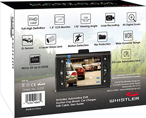Whistler D250 Automotive Windshield Mount Dash Camera with 1.5" LCD