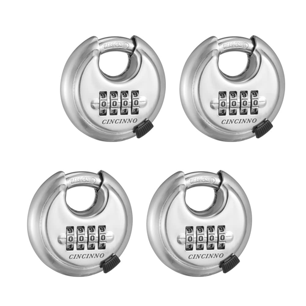 Photo 1 of CINCINNO 4 Digit Combination Lock, Combination Disc Padlock with Hardened Steel Shackle Combo Padlock for Sheds, Locker, Storage Unit, Gym and Fence (4 Pcs)