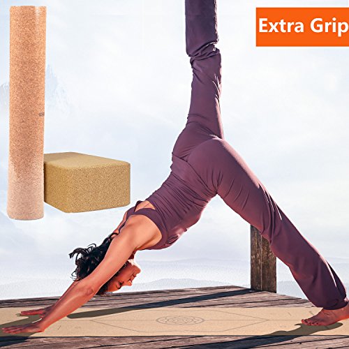 4PCS-Eco-friendly-Cork-Yoga-Mat-Set-Non-slip-Organic-Cork-Natural-Rubber-w3inch-Cork-BlockYoga-StrapYoga-bag-For-Hot-Yoga-Gymnastics-Aerobicsw-72LX24W-4mm-Non-Toxic-Latex-Free-Gym-Exercise-Mat