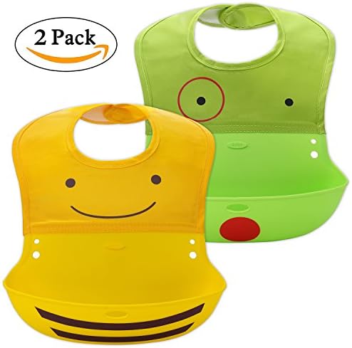 Waterproof Baby Bib, Soft Silicone Roll Up Feeding Bibs with Pocket, Easily Wipes Clean Adjustable Neck Portable Foldable Baby &amp; Toddler Feeding Supplies, Set of 2 Colors(Yellow+Green)